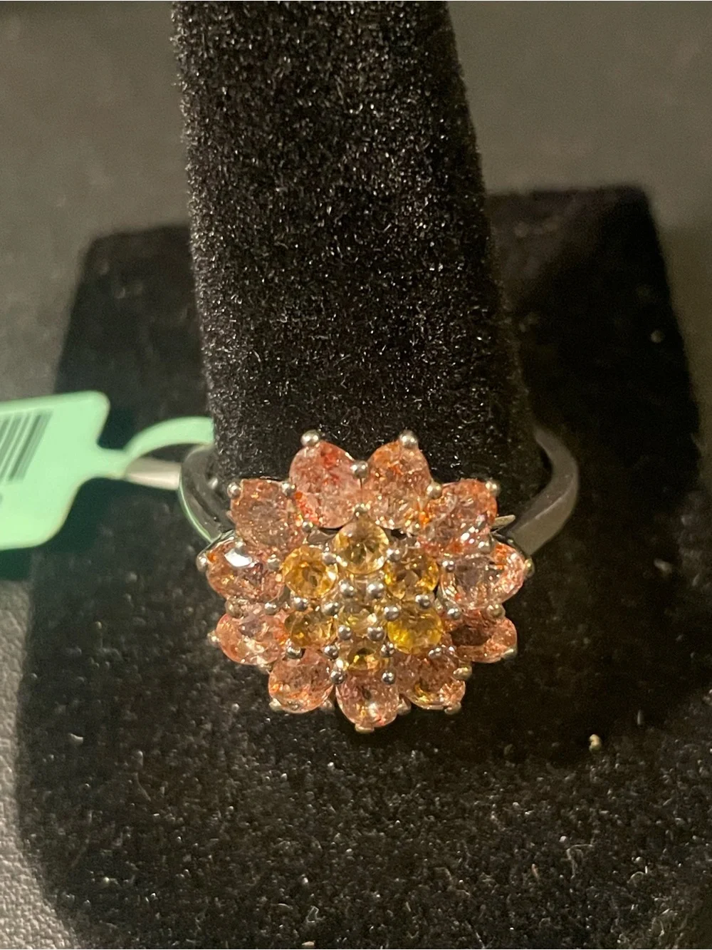 Sterling Floral Cluster Ring with Peach and Yellow Stones
